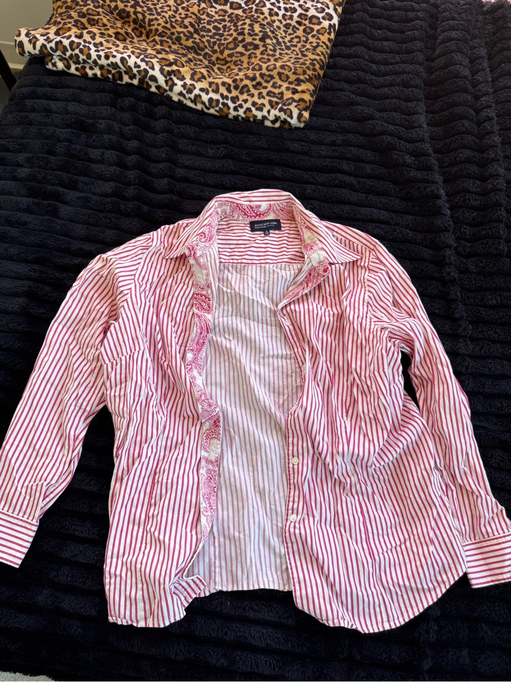 Jones New York Pink & White Striped Button-Down with Paisley Trim